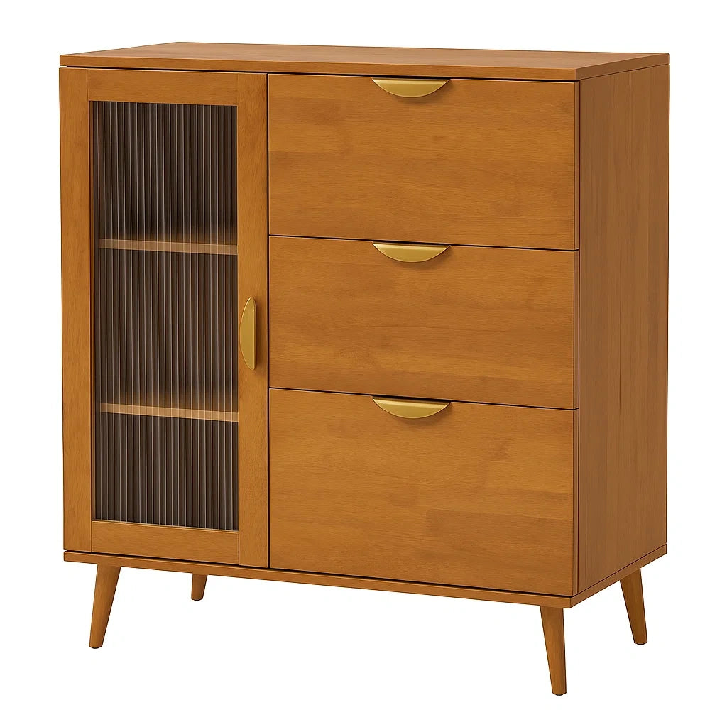 Holzkommode mit geriffelter Glastür und Schubladen, Braun, 80x35x100 cm