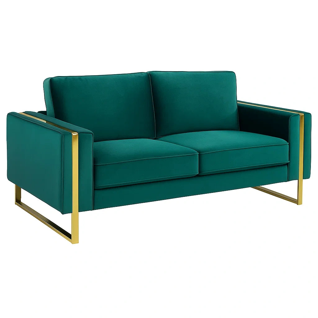 Samt 3-Sitzer Sofa mit Goldfarbenem Metallrahmen in Grün