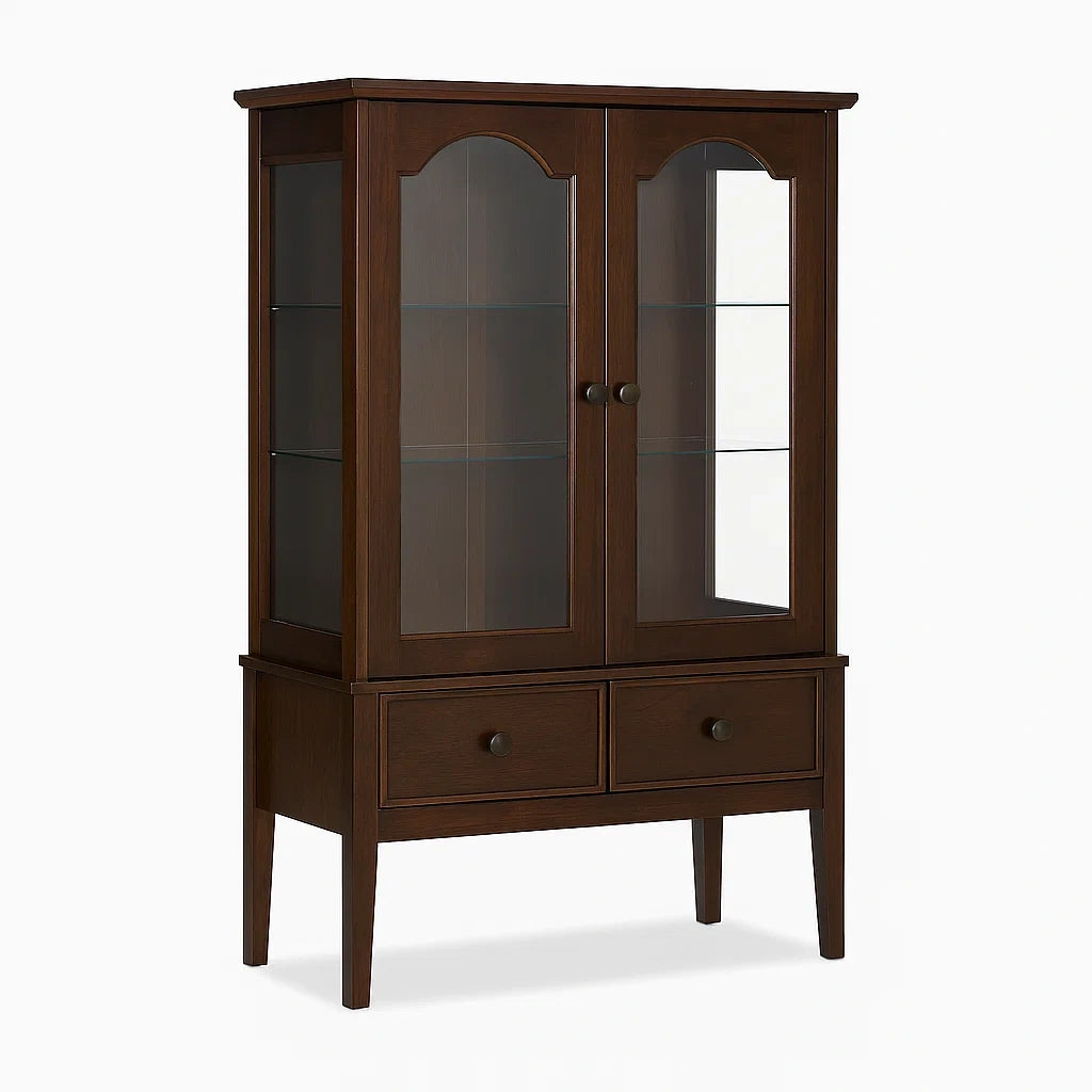 Vitrine Holz Glas Braun mit 2 Schubladen