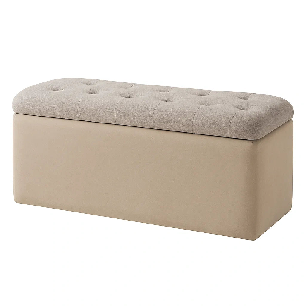 Rechteckige Sitzbank mit Stauraum aus Verbundholz und Polyesterstoff Beige